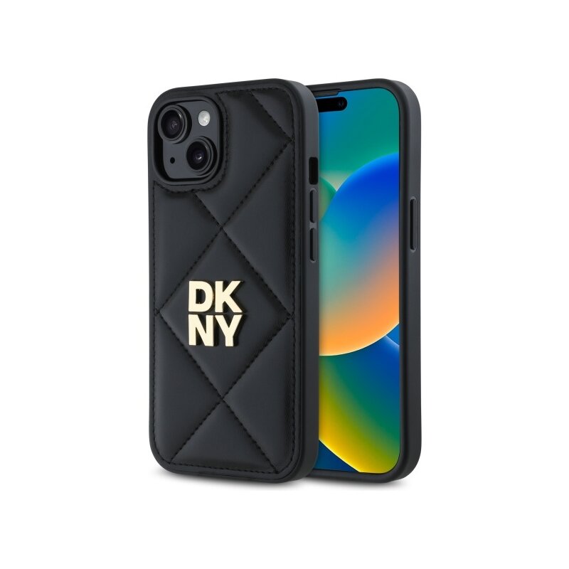 Husa piele iPhone 15 DKNY Leather Quilted Stack Logo, negru, DKHCP15SPQDSLK