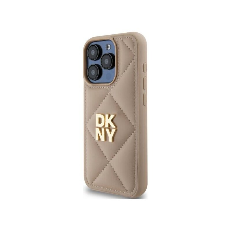 Husa piele iPhone 15 Pro Max DKNY Leather Quilted Stack Logo, bej, DKHCP15XPQDSLE