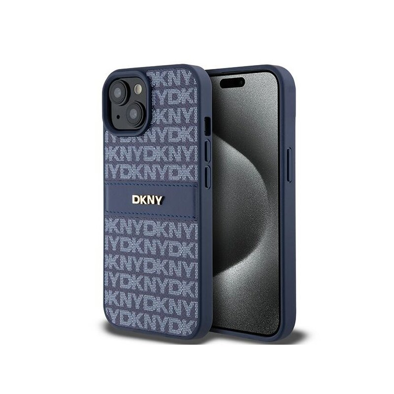 Husa piele iPhone 15 DKNY Leather Mono Stripe & Metal Logo, albastru, DKHCP15SPRTHSLB