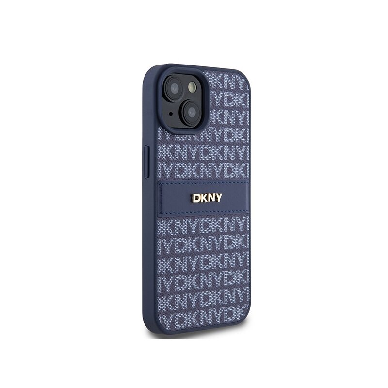 Husa piele iPhone 15 DKNY Leather Mono Stripe & Metal Logo, albastru, DKHCP15SPRTHSLB