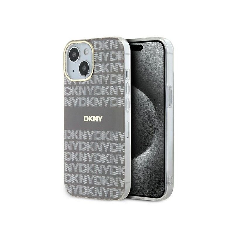 Husa iPhone 15 DKNY IML Mono & Stripe MagSafe, bej, DKHMP15SHRHSEE