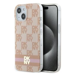 Husa iPhone 15 DKNY IML Checkered Mono Pattern & Printed Stripes MagSafe, roz, DKHMP15SHCPTSP