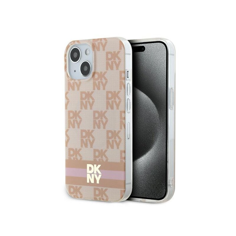 Husa iPhone 15 DKNY IML Checkered Mono Pattern & Printed Stripes MagSafe, roz, DKHMP15SHCPTSP