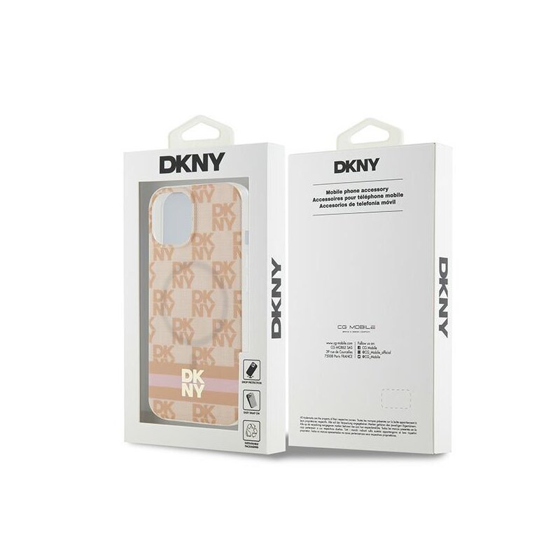 Husa iPhone 15 DKNY IML Checkered Mono Pattern & Printed Stripes MagSafe, roz, DKHMP15SHCPTSP