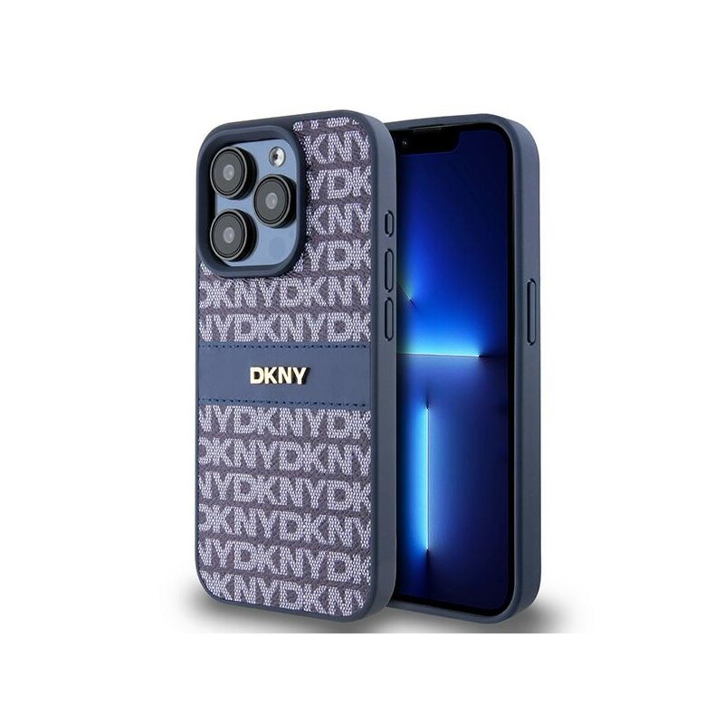 Husa piele iPhone 15 Pro DKNY Leather Mono Stripe & Metal Logo, albastru, DKHCP15LPRTHSLB