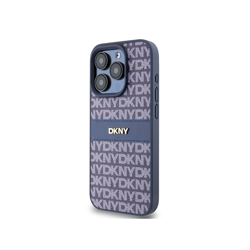 Husa piele iPhone 15 Pro DKNY Leather Mono Stripe & Metal Logo, albastru, DKHCP15LPRTHSLB