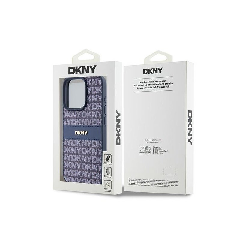 Husa piele iPhone 15 Pro DKNY Leather Mono Stripe & Metal Logo, albastru, DKHCP15LPRTHSLB