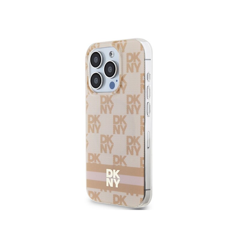Husa iPhone 15 Pro DKNY IML Checkered Mono Pattern & Printed Stripes MagSafe, roz, DKHMP15LHCPTSP