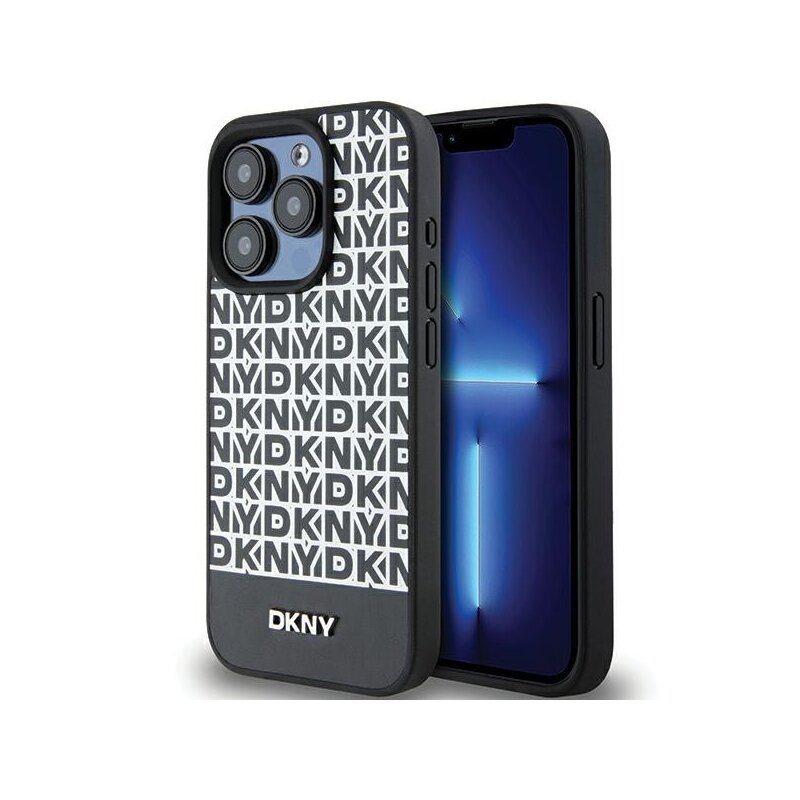 Husa piele iPhone 15 Pro DKNY Leather Printed Pattern Metal Logo MagSafe, negru, DKHMP15LPSOSPK