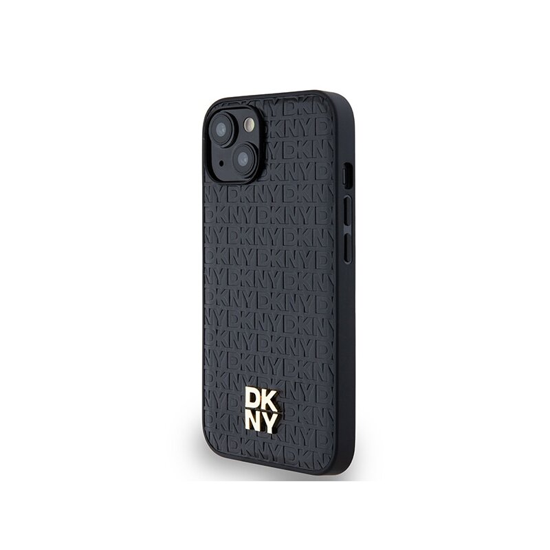 Husa piele iPhone 14 DKNY Leather Monogram Pattern Metal Logo MagSafe, negru, DKHMP14SPSHRPSK
