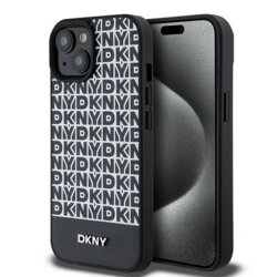 Husa piele iPhone 15 DKNY Leather Printed Pattern Metal Logo MagSafe, negru, DKHMP15SPSOSPK