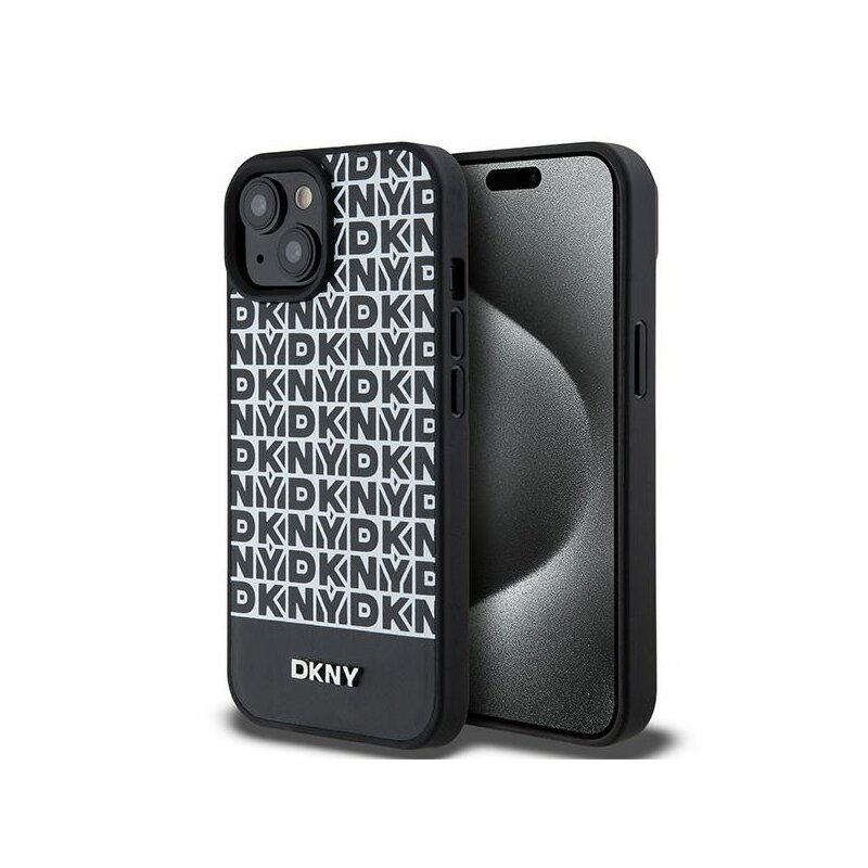 Husa piele iPhone 15 DKNY Leather Printed Pattern Metal Logo MagSafe, negru, DKHMP15SPSOSPK