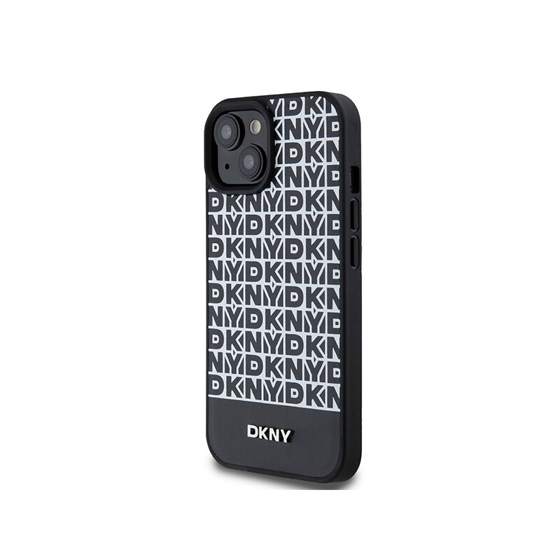 Husa piele iPhone 15 DKNY Leather Printed Pattern Metal Logo MagSafe, negru, DKHMP15SPSOSPK