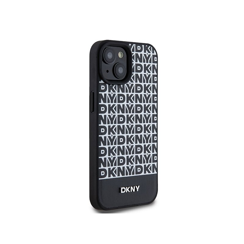 Husa piele iPhone 15 DKNY Leather Printed Pattern Metal Logo MagSafe, negru, DKHMP15SPSOSPK