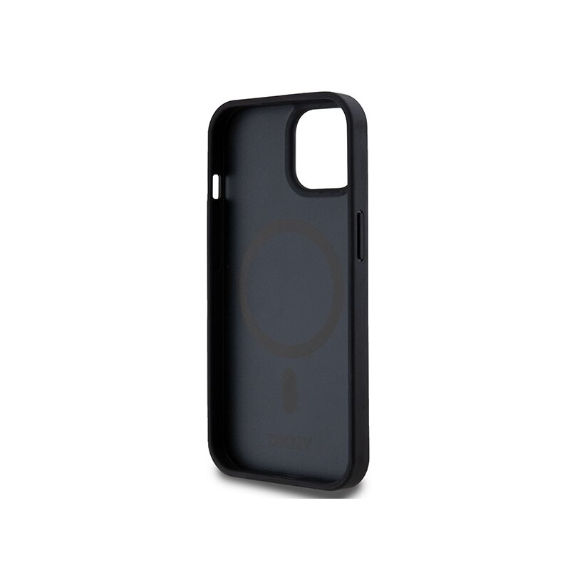 Husa piele iPhone 15 DKNY Leather Printed Pattern Metal Logo MagSafe, negru, DKHMP15SPSOSPK