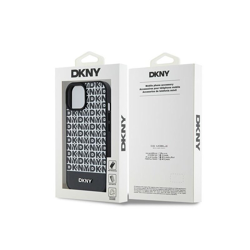 Husa piele iPhone 15 DKNY Leather Printed Pattern Metal Logo MagSafe, negru, DKHMP15SPSOSPK