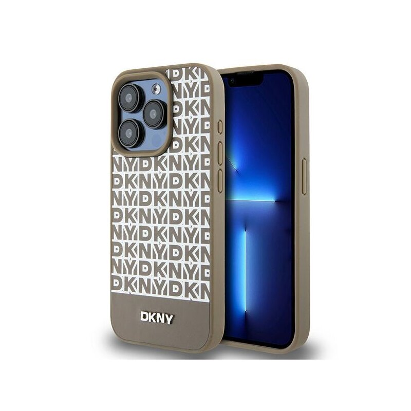 Husa piele iPhone 15 Pro DKNY Leather Printed Pattern Metal Logo MagSafe, maro, DKHMP15LPSOSPW