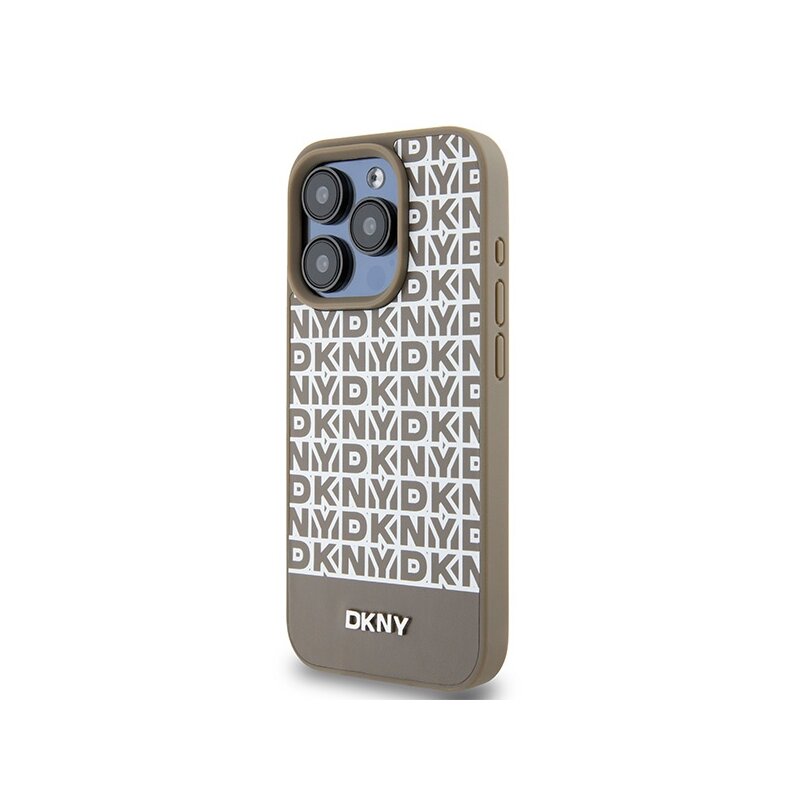 Husa piele iPhone 15 Pro DKNY Leather Printed Pattern Metal Logo MagSafe, maro, DKHMP15LPSOSPW