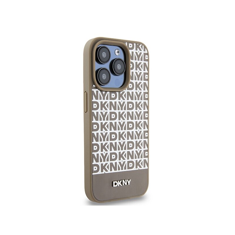 Husa piele iPhone 15 Pro DKNY Leather Printed Pattern Metal Logo MagSafe, maro, DKHMP15LPSOSPW