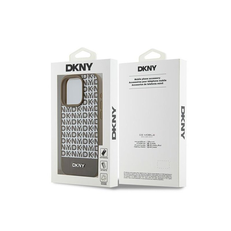 Husa piele iPhone 15 Pro DKNY Leather Printed Pattern Metal Logo MagSafe, maro, DKHMP15LPSOSPW