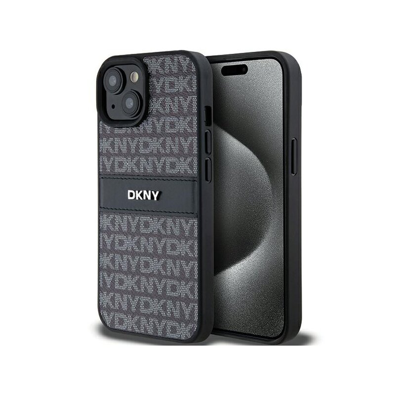 Husa piele iPhone 15 Plus DKNY Leather Mono Stripe & Metal Logo, negru, DKHCP15MPRTHSLK