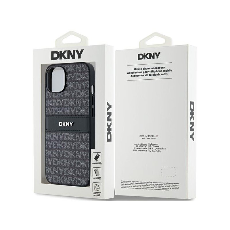 Husa piele iPhone 15 Plus DKNY Leather Mono Stripe & Metal Logo, negru, DKHCP15MPRTHSLK