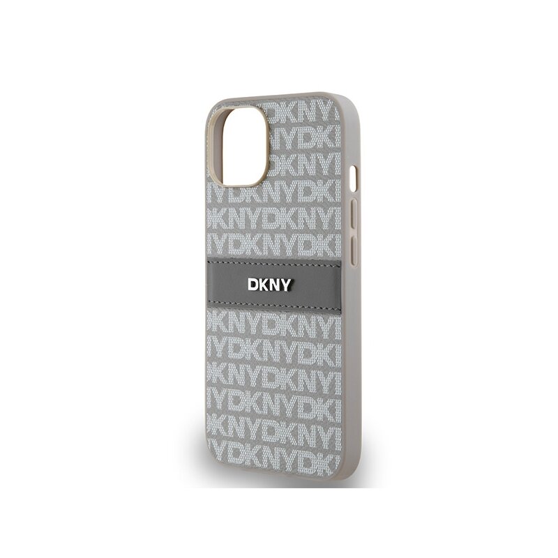 Husa piele iPhone 15 DKNY Leather Mono Stripe & Metal Logo, bej, DKHCP14SPRTHSLE