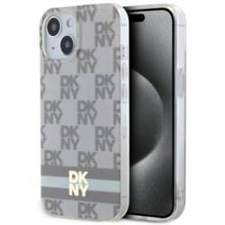 Husa iPhone 15 Plus DKNY IML Checkered Mono Pattern & Printed Stripes MagSafe, bej, DKHMP15MHCPTSE