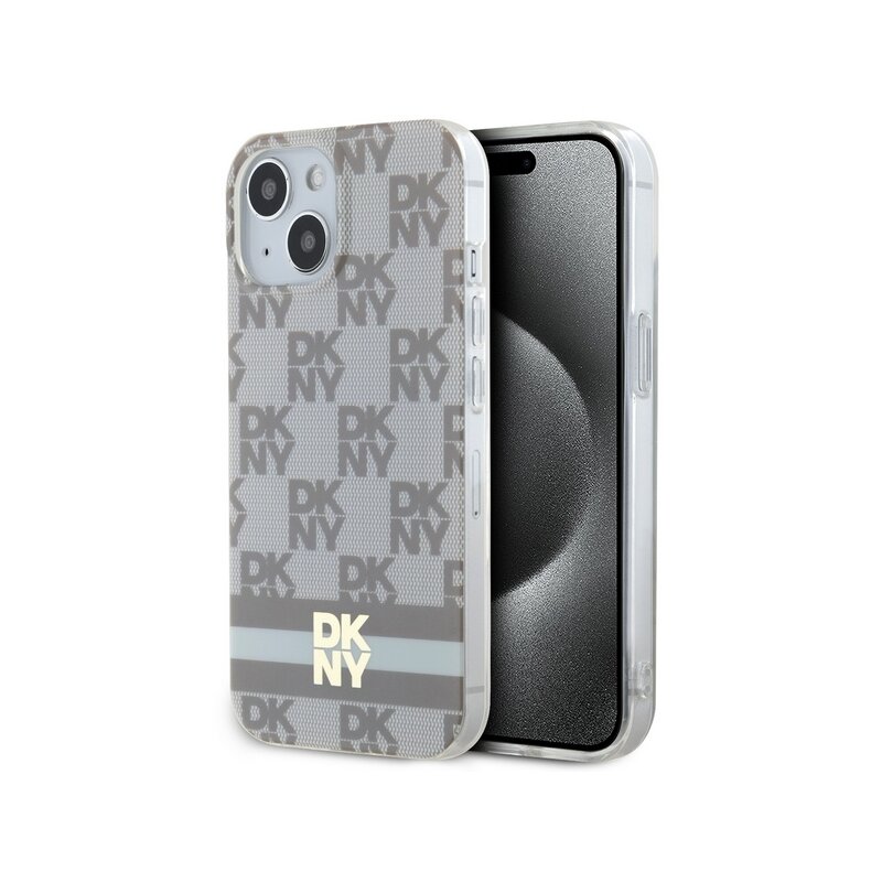 Husa iPhone 15 Plus DKNY IML Checkered Mono Pattern & Printed Stripes MagSafe, bej, DKHMP15MHCPTSE