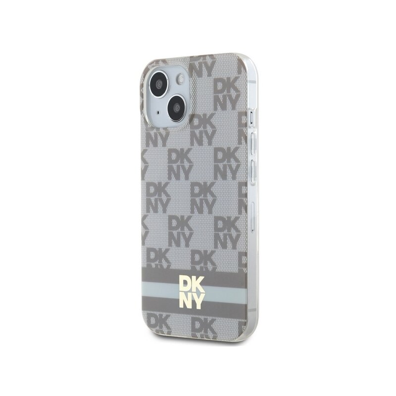 Husa iPhone 15 Plus DKNY IML Checkered Mono Pattern & Printed Stripes MagSafe, bej, DKHMP15MHCPTSE