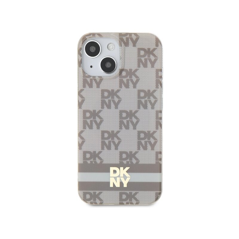 Husa iPhone 15 Plus DKNY IML Checkered Mono Pattern & Printed Stripes MagSafe, bej, DKHMP15MHCPTSE