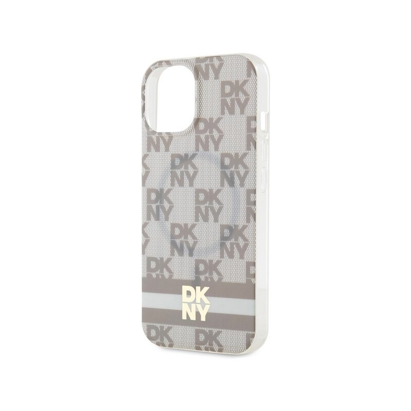 Husa iPhone 15 Plus DKNY IML Checkered Mono Pattern & Printed Stripes MagSafe, bej, DKHMP15MHCPTSE