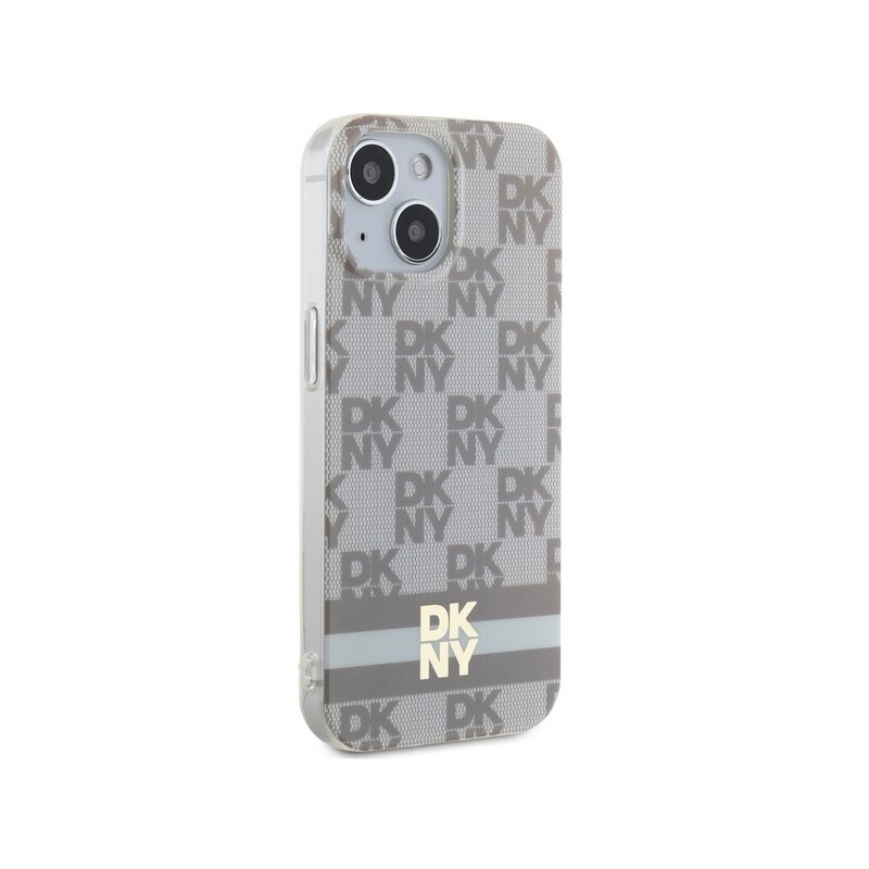 Husa iPhone 15 Plus DKNY IML Checkered Mono Pattern & Printed Stripes MagSafe, bej, DKHMP15MHCPTSE