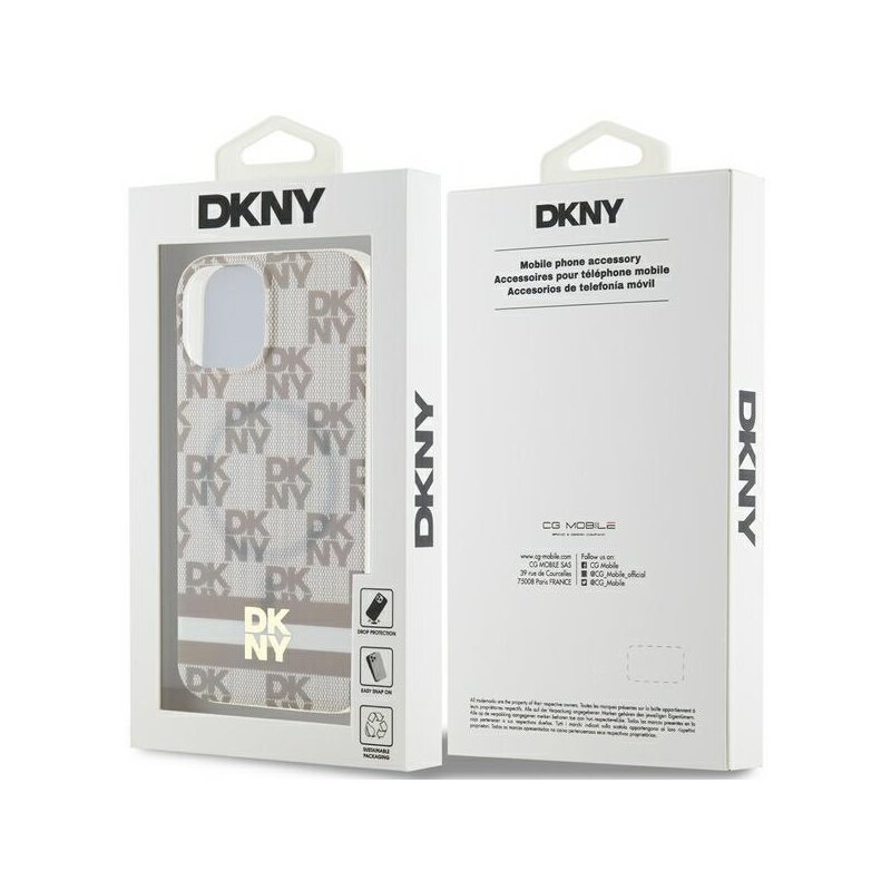 Husa iPhone 15 Plus DKNY IML Checkered Mono Pattern & Printed Stripes MagSafe, bej, DKHMP15MHCPTSE