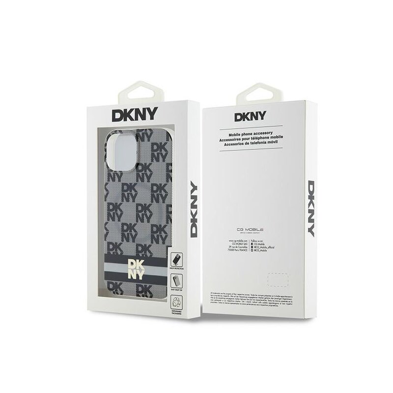 Husa iPhone 15 Plus DKNY IML Checkered Mono Pattern & Printed Stripes MagSafe, negru, DKHMP15MHCPTSK