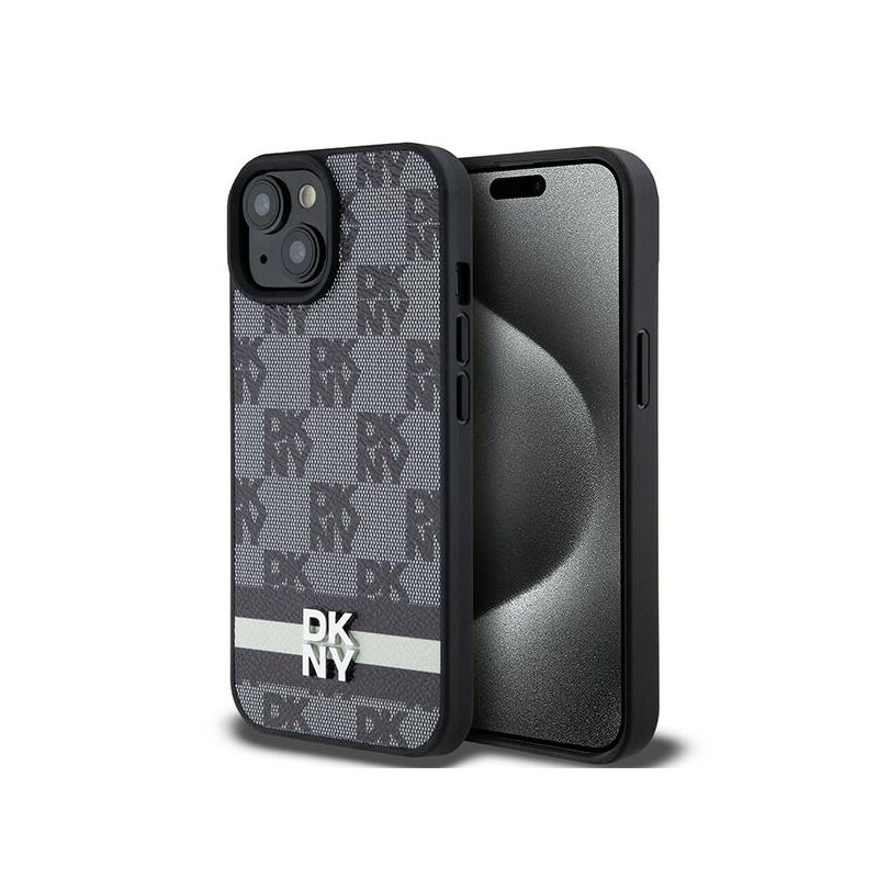 Husa piele iPhone 14 DKNY Leather Checkered Mono Pattern & Printed Stripes, negru, DKHCP14SPCPTSSK