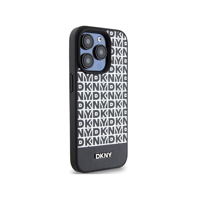 Husa piele iPhone 15 Pro Max DKNY Leather Printed Pattern Metal Logo MagSafe, negru, DKHMP15XPSOSPK