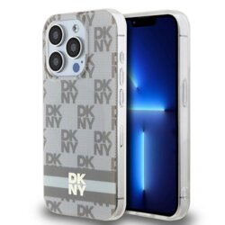Husa iPhone 15 Pro DKNY IML Checkered Mono Pattern & Printed Stripes MagSafe, bej, DKHMP15LHCPTSE