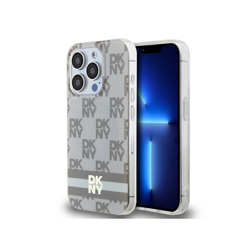 Husa iPhone 15 Pro DKNY IML Checkered Mono Pattern & Printed Stripes MagSafe, bej, DKHMP15LHCPTSE