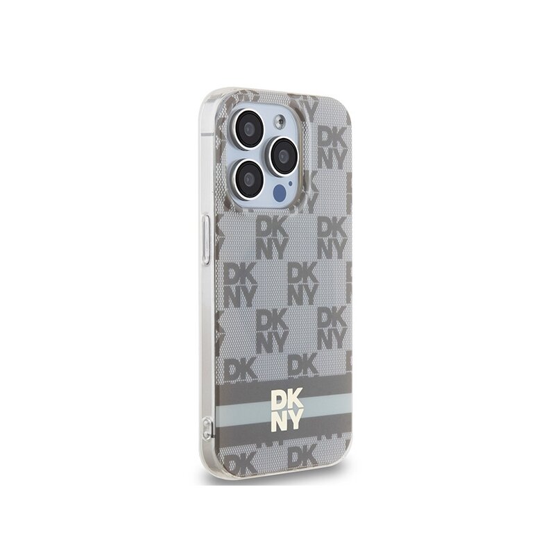 Husa iPhone 15 Pro DKNY IML Checkered Mono Pattern & Printed Stripes MagSafe, bej, DKHMP15LHCPTSE