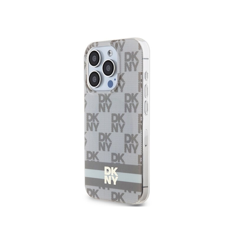 Husa iPhone 15 Pro DKNY IML Checkered Mono Pattern & Printed Stripes MagSafe, bej, DKHMP15LHCPTSE