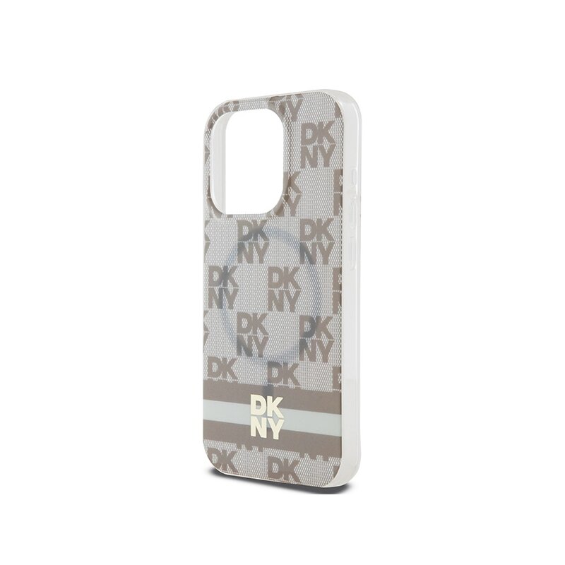 Husa iPhone 15 Pro DKNY IML Checkered Mono Pattern & Printed Stripes MagSafe, bej, DKHMP15LHCPTSE