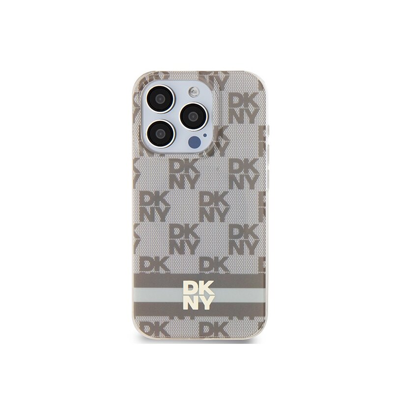 Husa iPhone 15 Pro DKNY IML Checkered Mono Pattern & Printed Stripes MagSafe, bej, DKHMP15LHCPTSE
