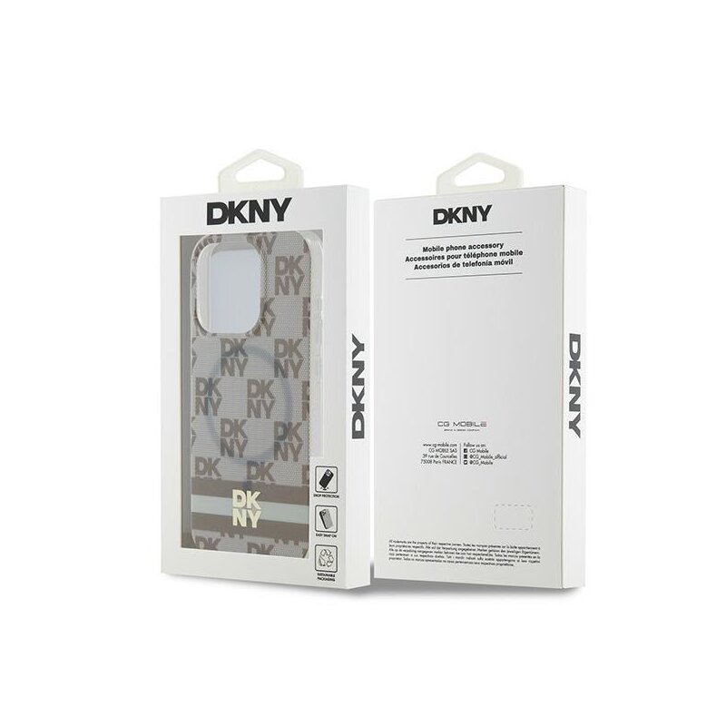 Husa iPhone 15 Pro DKNY IML Checkered Mono Pattern & Printed Stripes MagSafe, bej, DKHMP15LHCPTSE