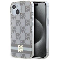 Husa iPhone 15 DKNY IML Checkered Mono Pattern & Printed Stripes MagSafe, bej, DKHMP15SHCPTSE