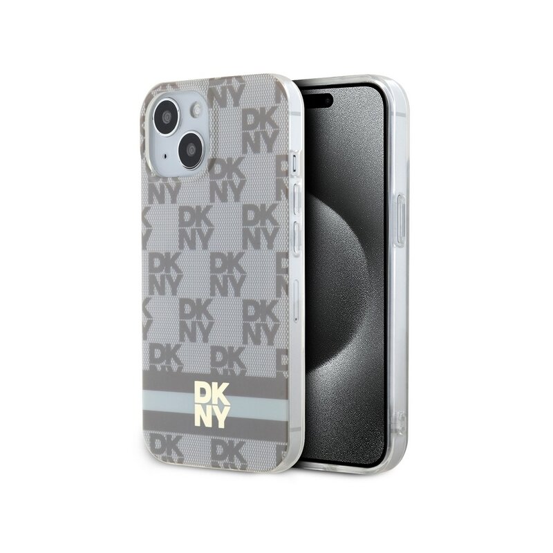 Husa iPhone 15 DKNY IML Checkered Mono Pattern & Printed Stripes MagSafe, bej, DKHMP15SHCPTSE