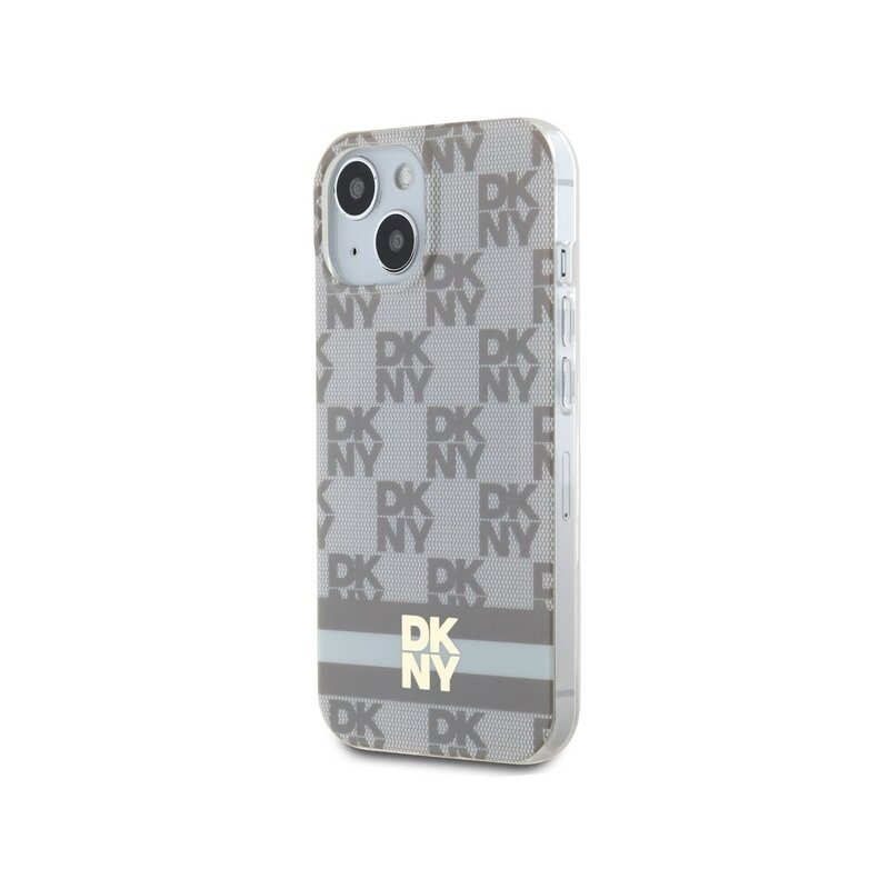 Husa iPhone 15 DKNY IML Checkered Mono Pattern & Printed Stripes MagSafe, bej, DKHMP15SHCPTSE