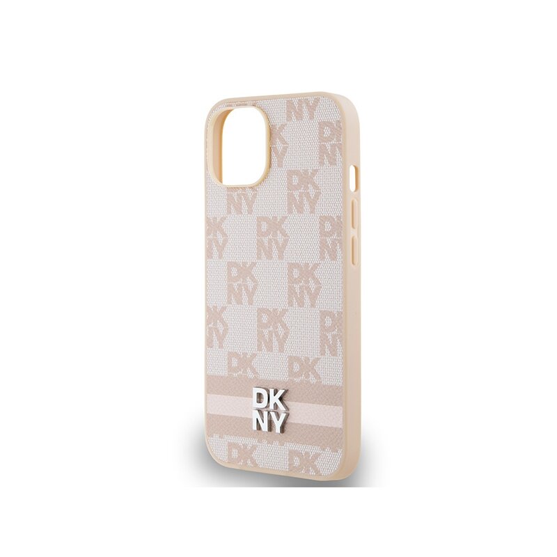 Husa piele iPhone 15 Plus DKNY Leather Checkered Mono Pattern & Printed Stripes, roz, DKHCP15MPCPTSSP