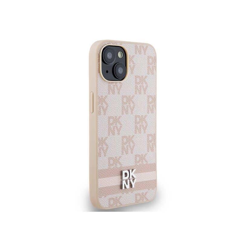 Husa piele iPhone 15 Plus DKNY Leather Checkered Mono Pattern & Printed Stripes, roz, DKHCP15MPCPTSSP