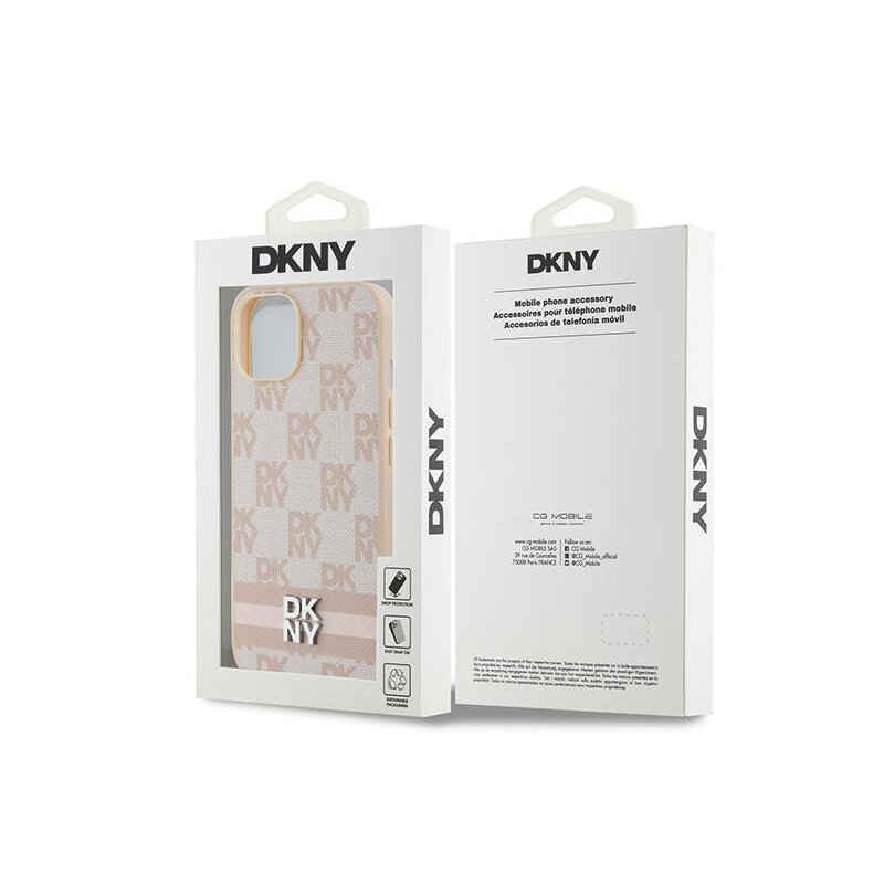 Husa piele iPhone 15 Plus DKNY Leather Checkered Mono Pattern & Printed Stripes, roz, DKHCP15MPCPTSSP